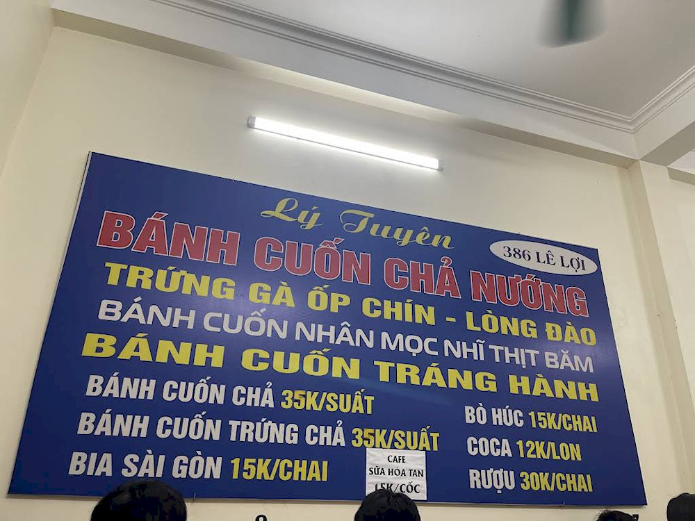 Menu quán bánh cuốn chả Lý Tuyên